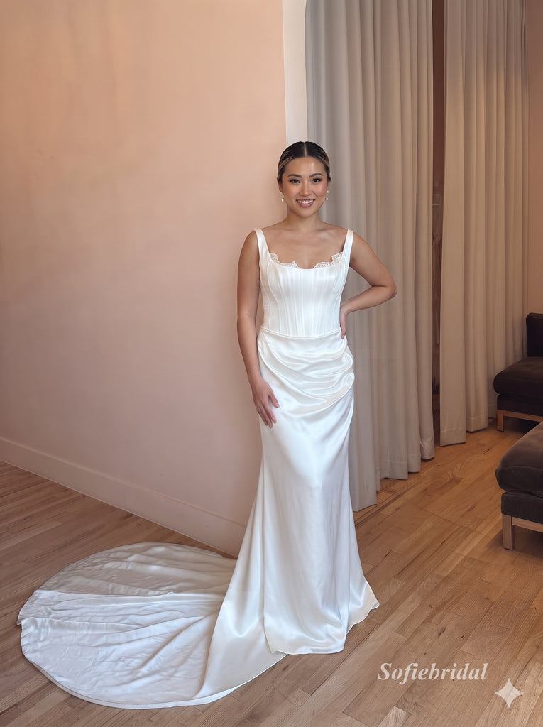 Square Neck Strap Satin Mermaid Wedding Gown, Corset Fitted Bridal Dress,SFWD0126