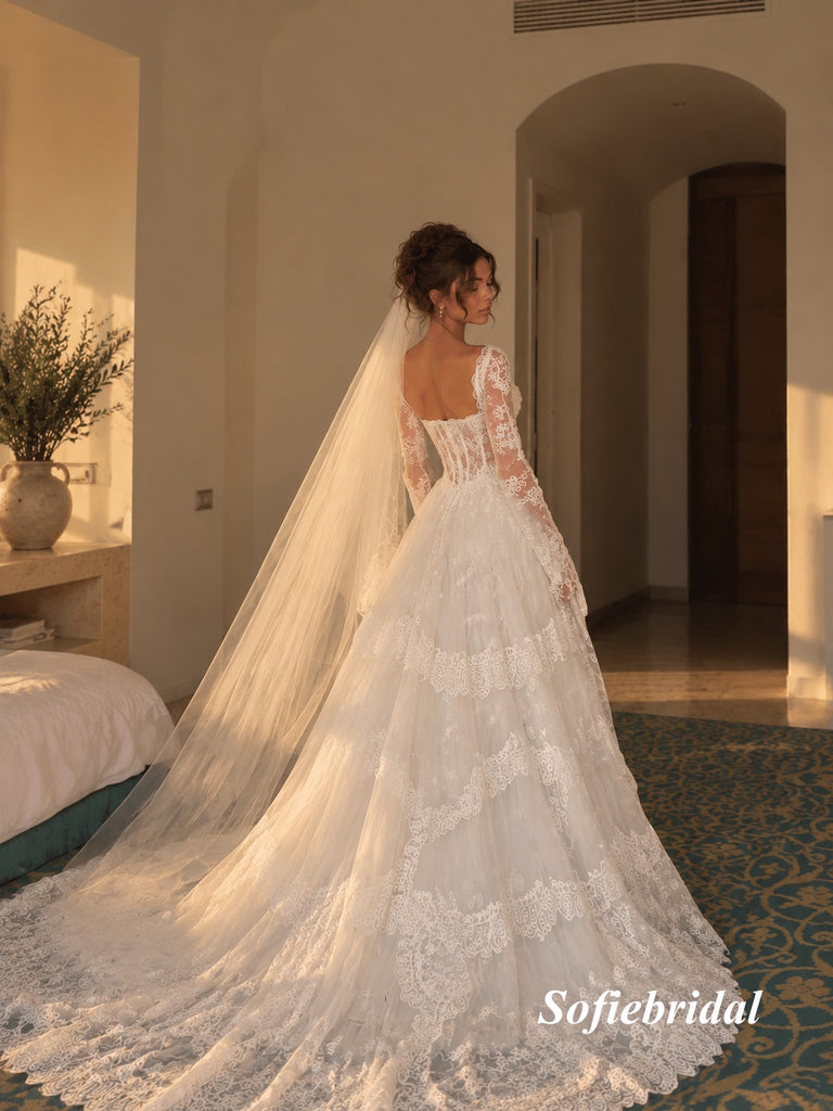 Square Neck Long Sleeve Lace A-Line Wedding Dress, Sheer Corset Bridal Gown With Train, SFWD0154