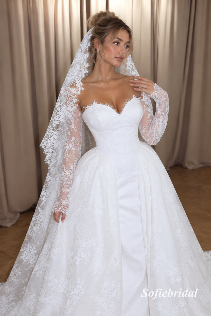 Off Shoulder Sweetheart Lace Ball Gown Wedding Dress, Long Sleeve Corset Bridal Dress, SFWD0153