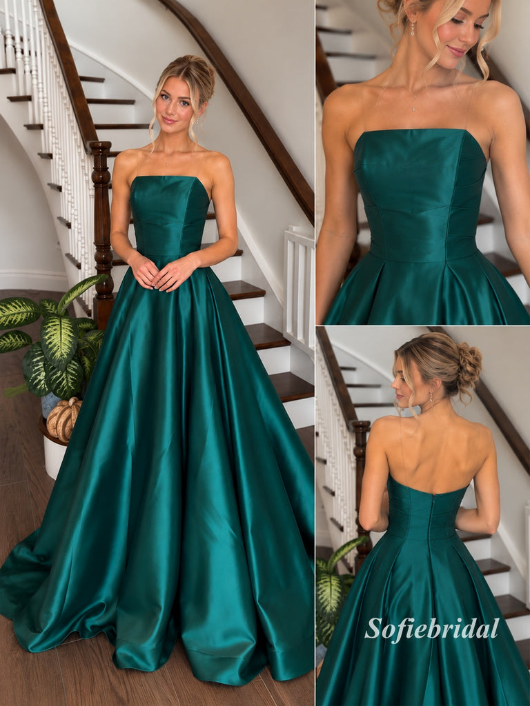 Emerald Strapless Tube Top Satin A-Line Gown, Luxe Shiny Formal Prom Dress, PD13950