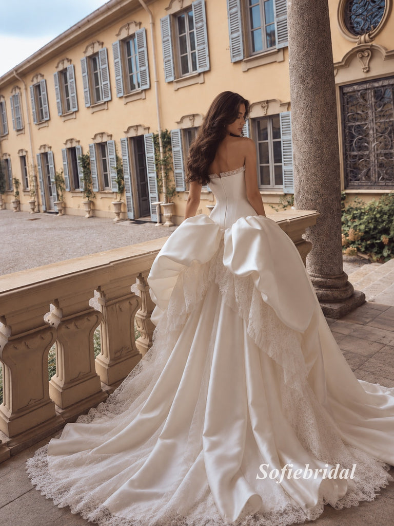 Strapless Satin Corset Wedding Dress, Dramatic Oversized Bow Lace Skirt Bridal Gown, SFWD0145