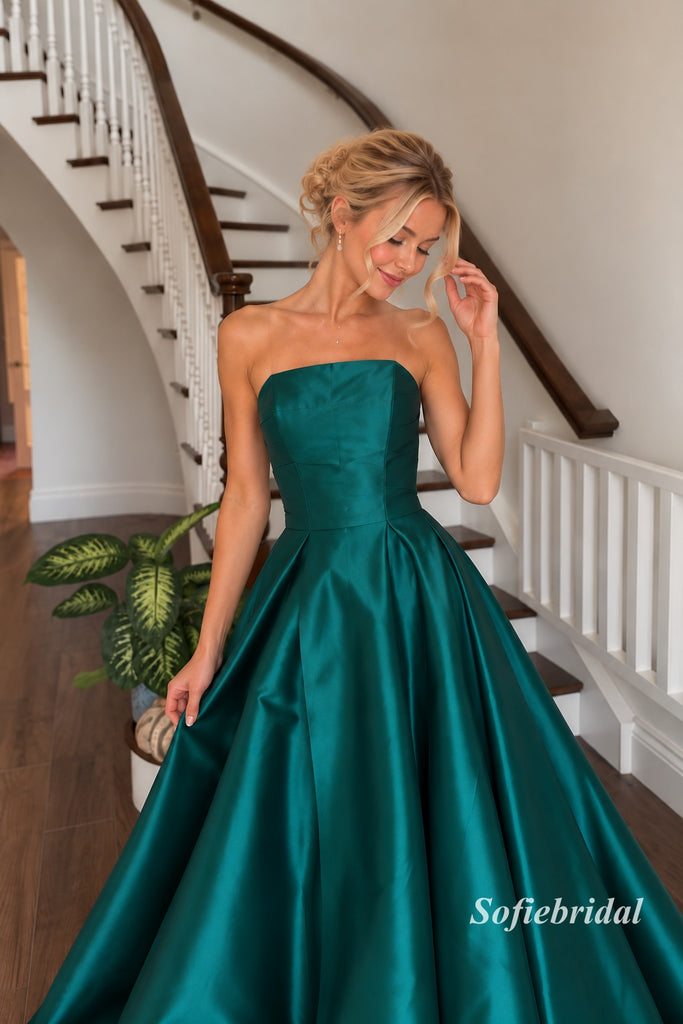 Emerald Strapless Tube Top Satin A-Line Gown, Luxe Shiny Formal Prom Dress, PD13950