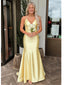 Butter Yellow Satin Spaghetti Strap Mermaid Evening Gown with Open Back, PD01224