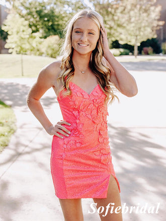 Sexy Sequin Lace Spaghetti Straps V-Neck Sleeveless Sheath Mini Dresses/ Homecoming Dresses, HD0293)