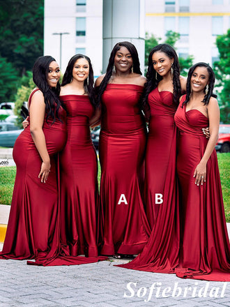 Mismatched Red Soft Satin Mermaid Floor Length Bridesmaid Dresses, SFWG00559