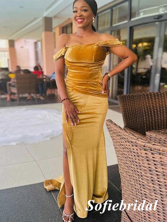 Elegant Velvet Off Shoulder Sleeveless Side Slit Mermaid Floor Length Bridesmaid Dresses, SFWG00545