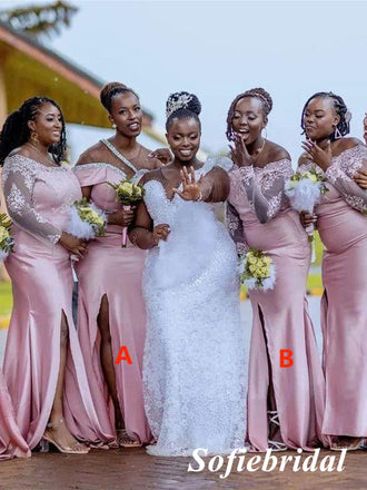 Sexy Pink Lace And Soft Satin Long Sleeves Side Slit Mermaid Floor Length Bridesmaid Dresses, SFWG00524