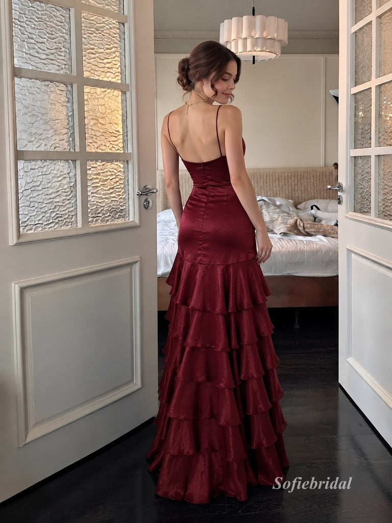 Burgundy Spaghetti Strap V Neck Satin Mermaid Dress, Ruffle Slit Evening Prom Gown, PD13931