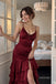 Burgundy Spaghetti Strap V Neck Satin Mermaid Dress, Ruffle Slit Evening Prom Gown, PD13931