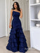 Strapless Satin Mermaid Evening Dress, Ruched Bodice Tiered Ruffle Skirt Formal Prom Gown, PD13958