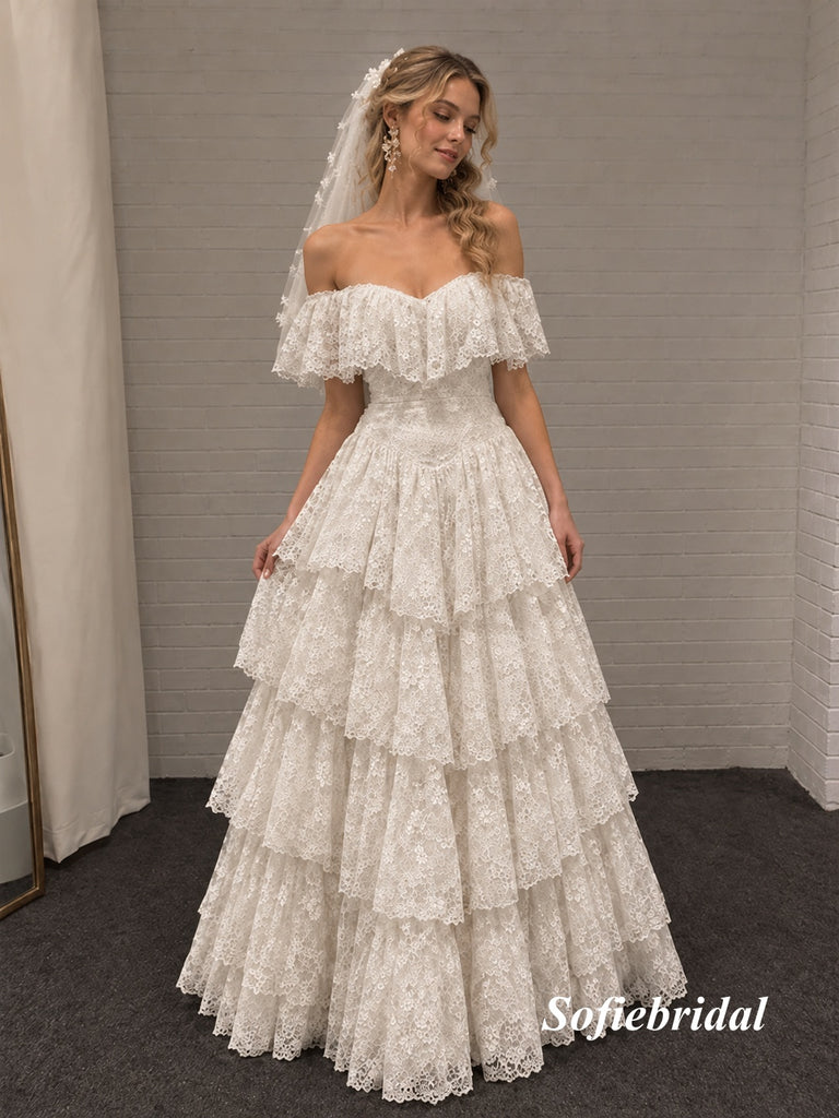 Off Shoulder Sweetheart Tiered Lace Ball Gown Wedding Dress, Ruffle Bridal Gown, SFWD0155