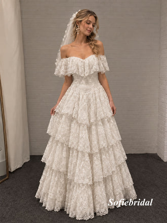 Off Shoulder Sweetheart Tiered Lace Ball Gown Wedding Dress, Ruffle Bridal Gown, SFWD0155