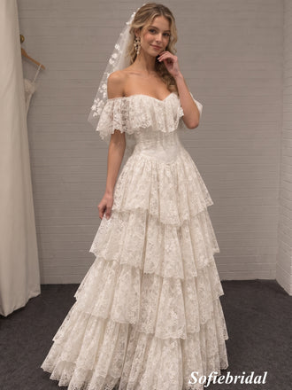 Off Shoulder Sweetheart Tiered Lace Ball Gown Wedding Dress, Ruffle Bridal Gown, SFWD0155