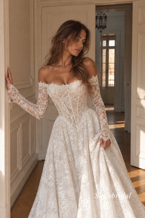 Off Shoulder Sweetheart Lace Corset Ballgown Wedding Dress, Full Sheer Long Lace Sleeve Bridal Gown, SFWD0146
