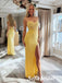 Bright Yellow Glitter Spaghetti Strap Mermaid Prom Dress with High Slit, PD01242