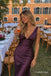 Deep Purple V Neck Satin Mermaid Dress, Sleeveless Wrap Floor Length Formal Gown,PD13892