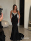 Beaded Spaghetti Strap Mermaid Evening Dress, Deep V Black Formal Gown, PD13965