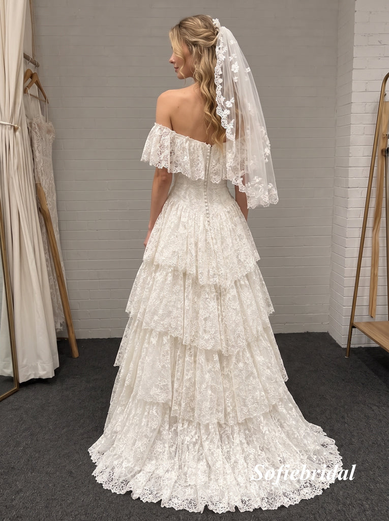 Off Shoulder Sweetheart Tiered Lace Ball Gown Wedding Dress, Ruffle Bridal Gown, SFWD0155