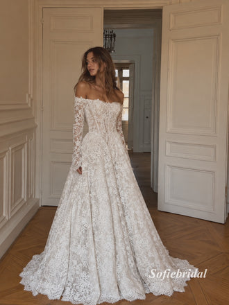 Off Shoulder Sweetheart Lace Corset Ballgown Wedding Dress, Full Sheer Long Lace Sleeve Bridal Gown, SFWD0146