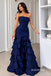 Strapless Satin Mermaid Evening Dress, Ruched Bodice Tiered Ruffle Skirt Formal Prom Gown, PD13958