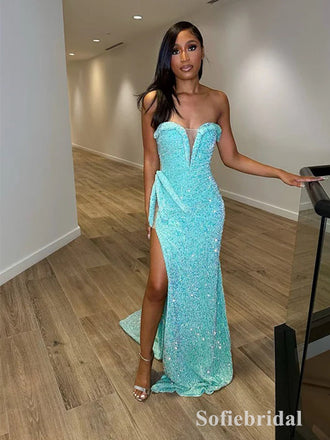 Sexy Sequin Sweetheart V-Neck Sleeveless Side Slit Mermaid Long Prom Dresses, PD0889