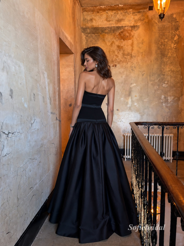 Black Strapless Bow Satin Ball Gown, Pleated Formal Evening Prom Dress, PD13930