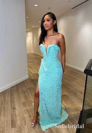 Sexy Sequin Sweetheart V-Neck Sleeveless Side Slit Mermaid Long Prom Dresses, PD0889