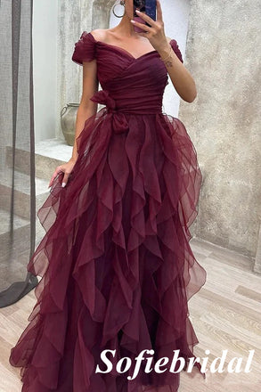Sexy Tulle Off Shoulder V-Neck A-Line Long Prom Dresses, PD0961