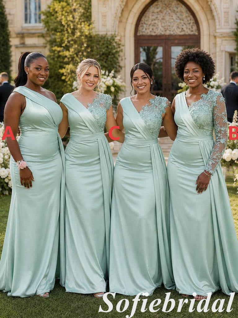 Mint Green Gloss Satin Mismatched Floor Length Mermaid Bridesmaid Gowns, SFWG00646