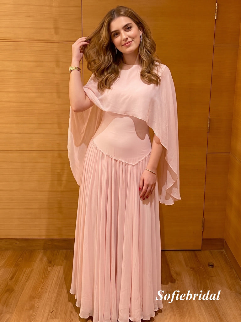 Light Pink Cape Sleeve Chiffon A Line Flowy Evening Dress, PD13970