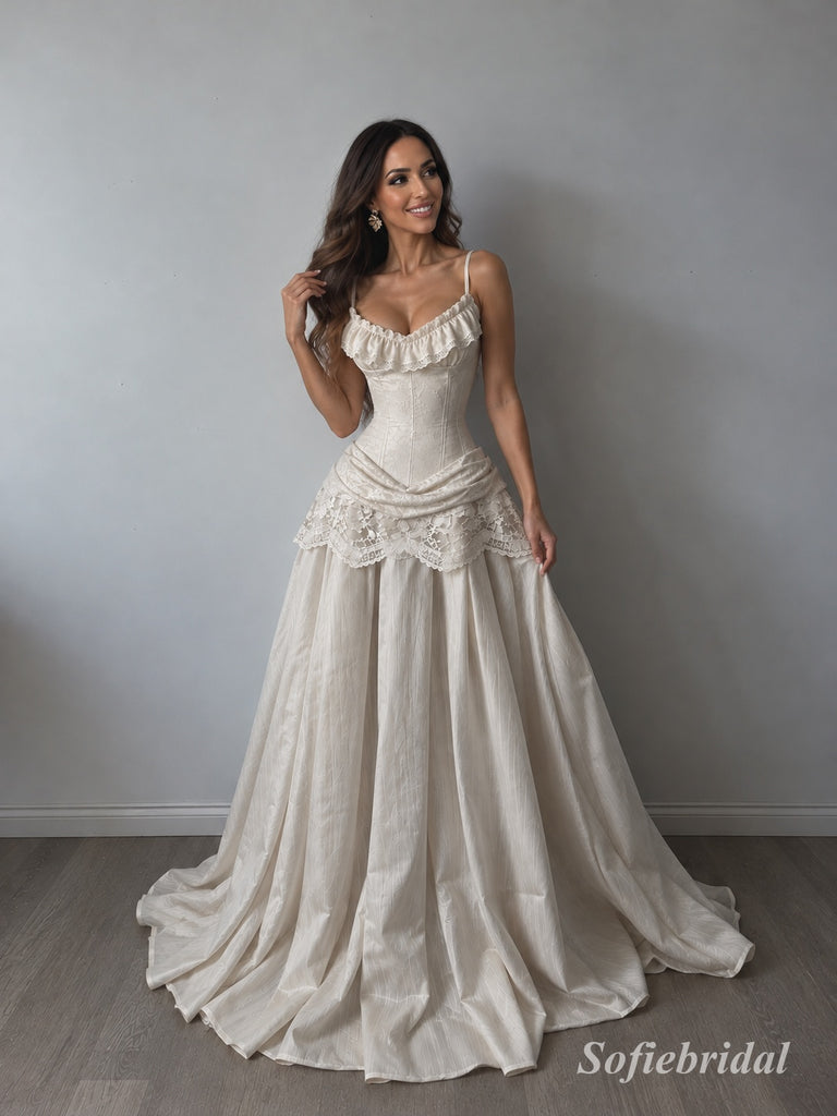 Sweetheart Spaghetti Strap Satin A-Line Wedding Dress, Lace Ruffle Overlay Floor Length Bridal Gown,SFWD0119