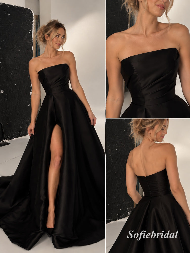 Strapless Draped Satin A Line Evening Dress, High Slit Black Formal Gown, PD13966