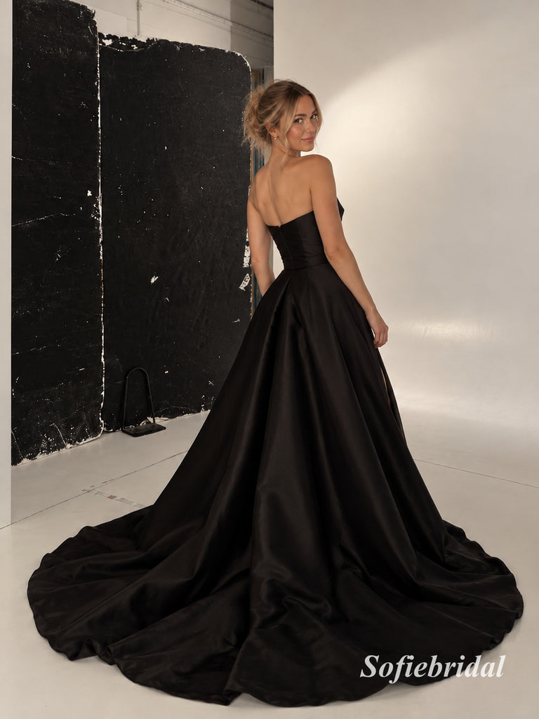 Strapless Draped Satin A Line Evening Dress, High Slit Black Formal Gown, PD13966