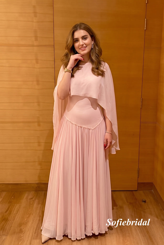 Light Pink Cape Sleeve Chiffon A Line Flowy Evening Dress, PD13970