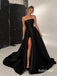 Strapless Draped Satin A Line Evening Dress, High Slit Black Formal Gown, PD13966