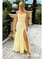 Pale Yellow Spaghetti Strap Backless Slit Mermaid Evening Gown for Formal Wedding Party, PD01255