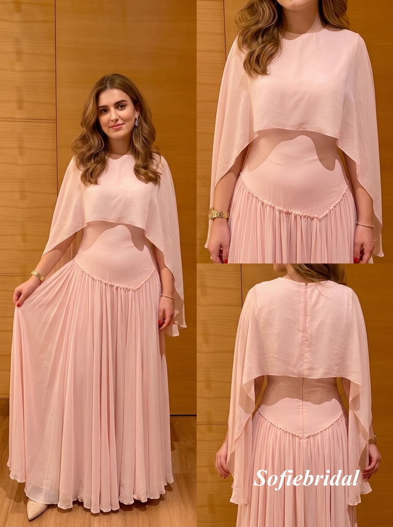 Light Pink Cape Sleeve Chiffon A Line Flowy Evening Dress, PD13970