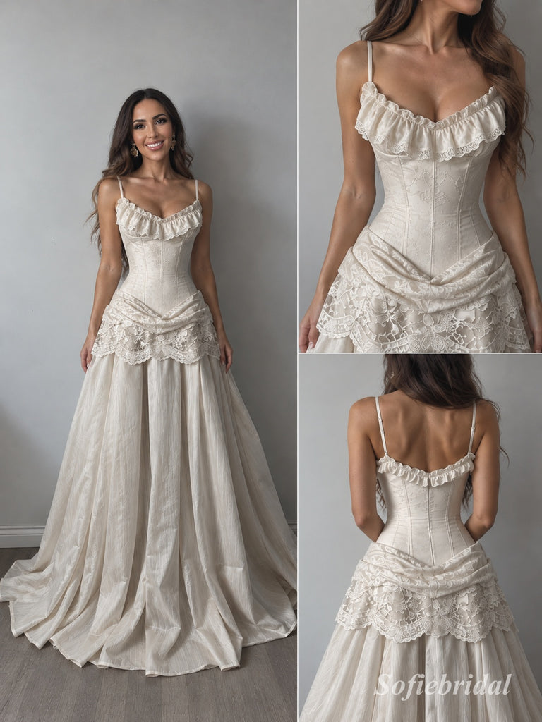 Sweetheart Spaghetti Strap Satin A-Line Wedding Dress, Lace Ruffle Overlay Floor Length Bridal Gown,SFWD0119