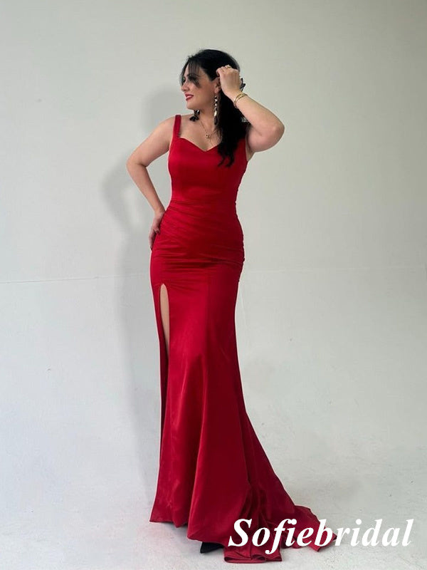 Sexy Red Soft Satin Spaghetti Straps Sleeveless Side Slit Mermaid Floor Length Bridesmaid Dresses With Train, SFWG00590