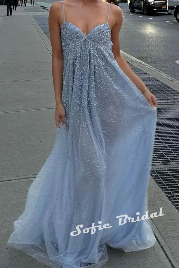 Sexy Tulle Spaghetti Straps Sleeveless A-Line Maxi Prom Dress, PD01171