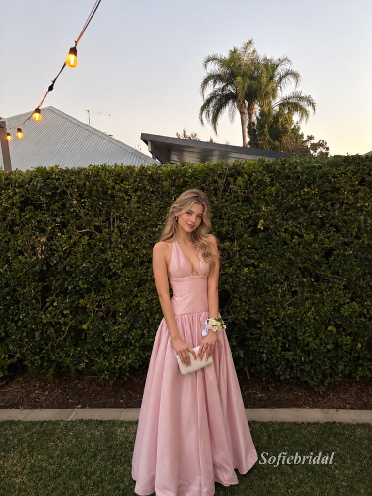 Blush Halter Deep V Satin Ball Gown, A-Line Formal Prom Evening Dress, PD13933