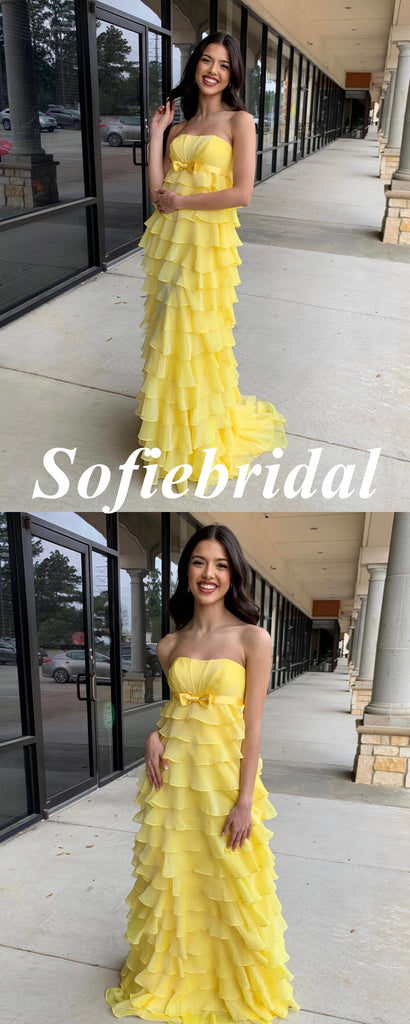 Elegant Yellow Chiffon Sweetheart A-Line Floor Length Prom Dress With Belt, PD01043