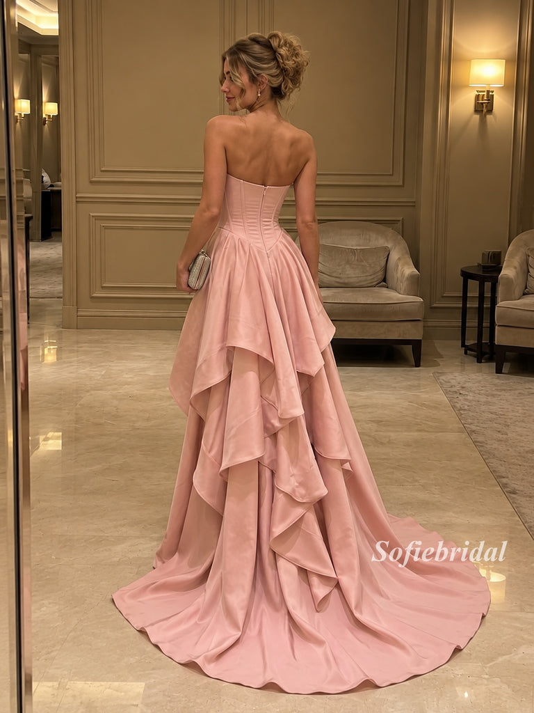 Dusty Pink Strapless Pearl Trim Satin High Low Gown, Ruffle Skirt Formal Prom Dress, PD13941