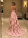 Dusty Pink Strapless Pearl Trim Satin High Low Gown, Ruffle Skirt Formal Prom Dress, PD13941