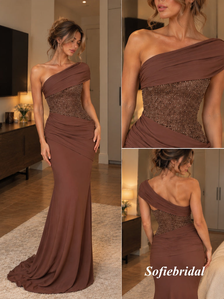 One Shoulder Draped Brown Beaded Chiffon Mermaid Evening Gown, PD13971