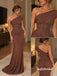 One Shoulder Draped Brown Beaded Chiffon Mermaid Evening Gown, PD13971