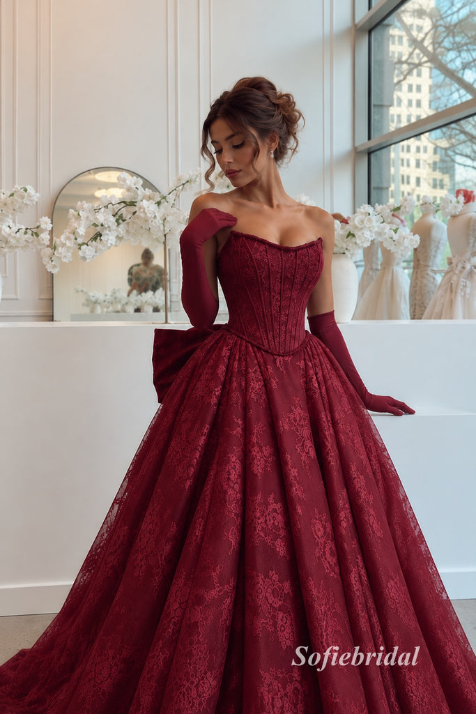 Strapless Sweetheart Lace A-Line Evening Dress, Corset Bodice With Matching Gloves Burgundy Formal Gown, PD13959