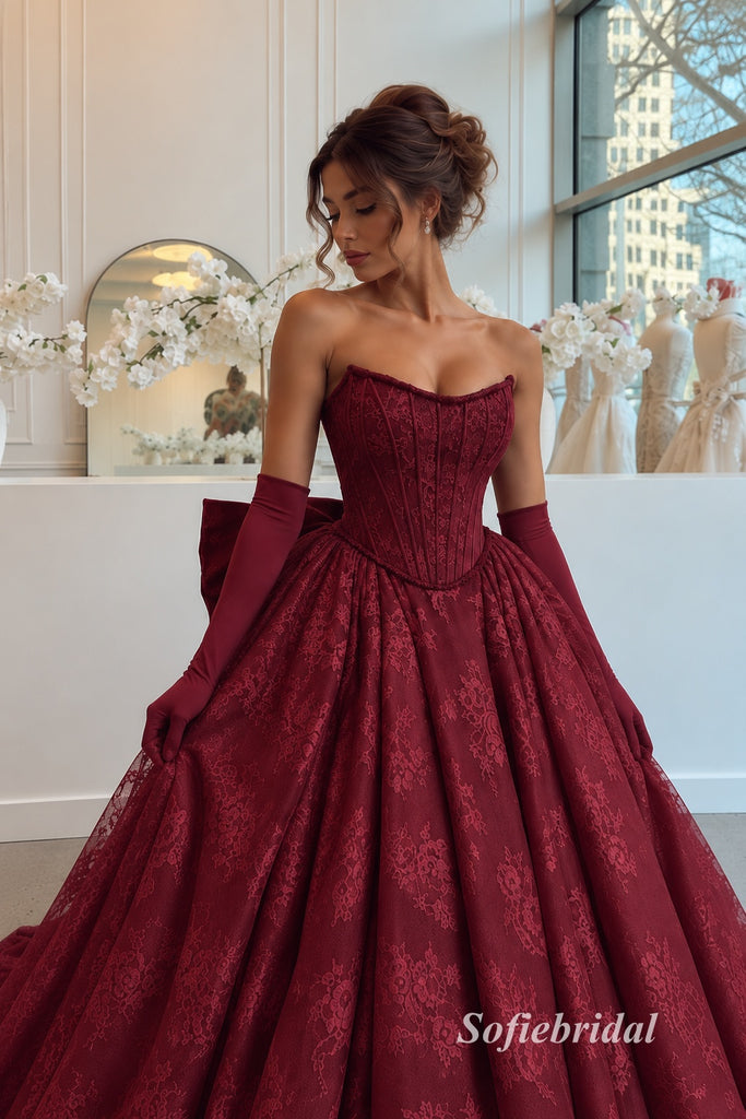 Strapless Sweetheart Lace A-Line Evening Dress, Corset Bodice With Matching Gloves Burgundy Formal Gown, PD13959