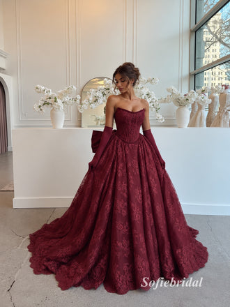 Strapless Sweetheart Lace A-Line Evening Dress, Corset Bodice With Matching Gloves Burgundy Formal Gown, PD13959