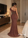 One Shoulder Draped Brown Beaded Chiffon Mermaid Evening Gown, PD13971